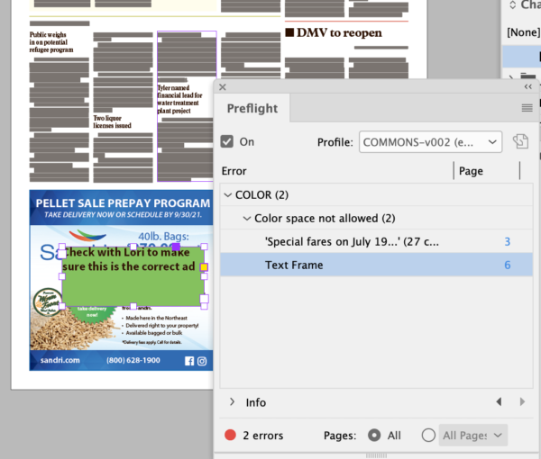 InDesign Preflight panel showing two errors under category "COLOR"