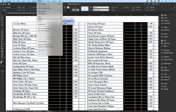 InDesign screenshot of a table with 6 columns, with three blank columns selected