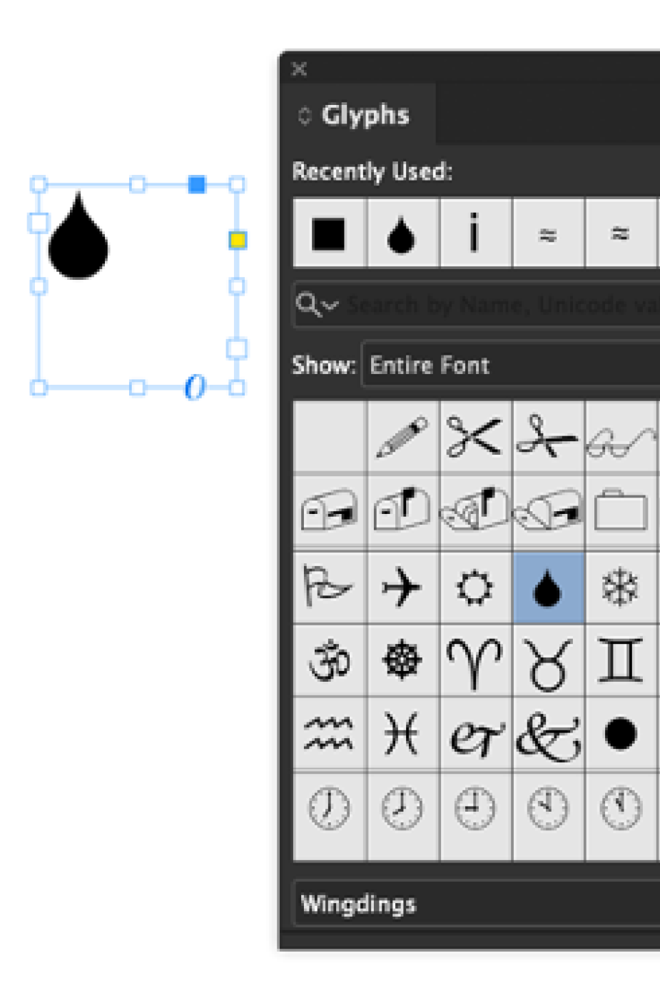 Water droplet selected from Wingdings font shown in Glyphs panel