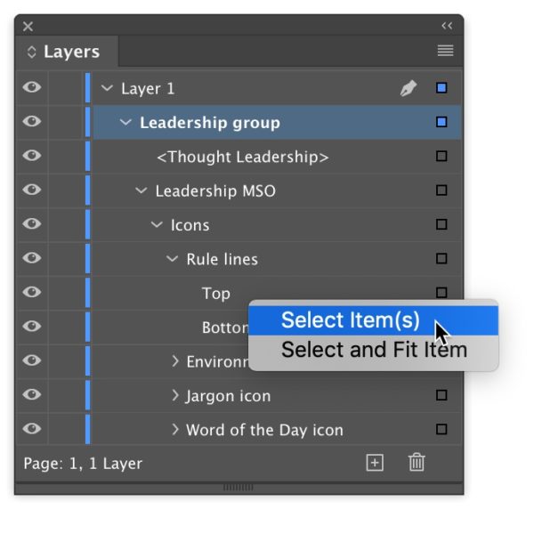 Layers panel expanded to show all objects with contextual menu highlighted on Select Item[s]