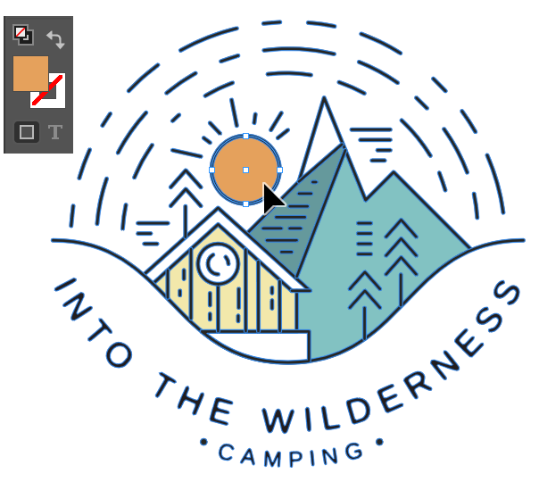 Logo "Into the Wilderness Camping" showing building, mountains, and sun, with sun object selected and colored with orange fill