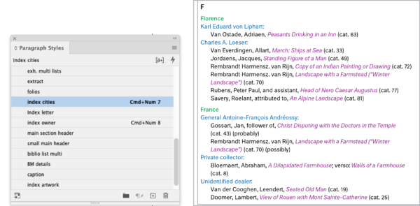 InDesign screenshot showing index with design elements shown in different colors, plus Paragraph Styles panel showing "Index cities" selected.