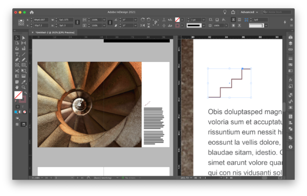 Screenshot shows Split Layout: full page in left hand window and closeup of text in right-hand window.