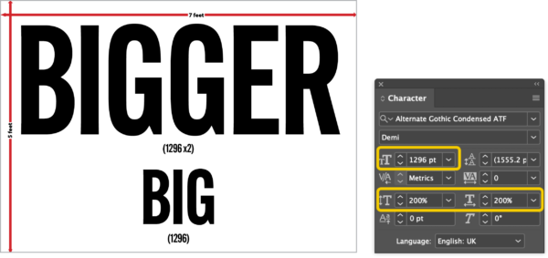Document with text "BIGGER [1296 X 2]" and "BIG [1296]" with Character menu showing size as 1296 pt., vertical scale and horizontal scale both 200 percent