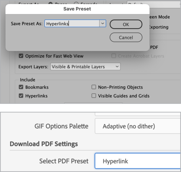 InDesign Save PDF Preset dialog, top, and screenshot showing preset for PDF downloading from Adobe Publish Online.