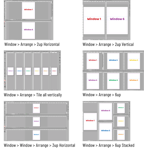 Series of six screen shots showing arrangement of six Windows in InDesign: 2up Horizontal, 2up Vertical, Tile all vertically, 6up, 3up Horizontal, 6up Stacked