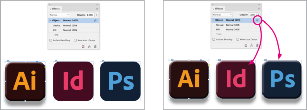 Icons for Illustrator, InDesign, Photoshop, with Illustrator selected and a soft shadow applied. Second screen shows fx icon and effect of clicking it on other two objects.