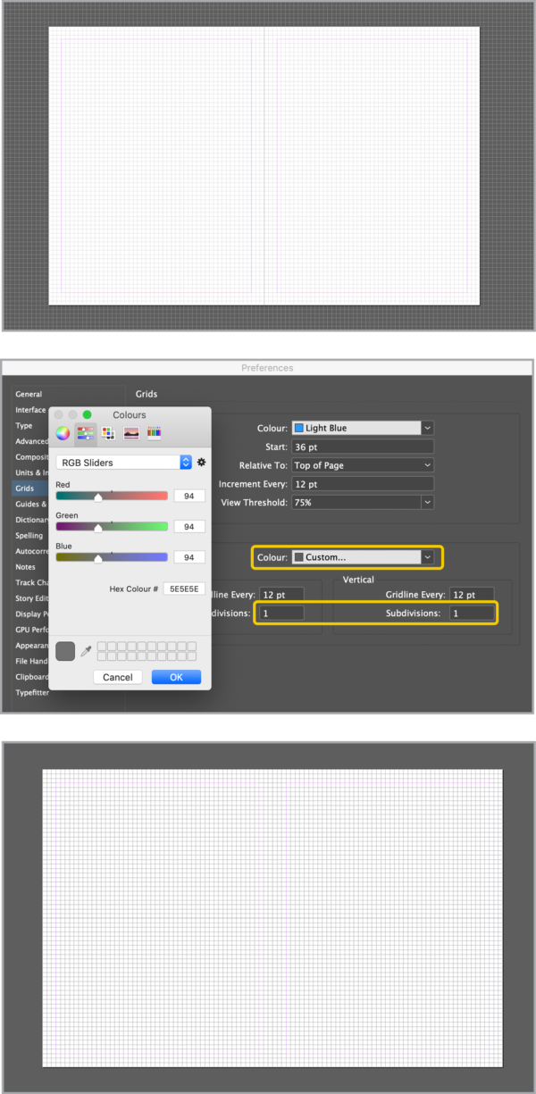 Two screen shots showing before and after changing document grid color. Third screen shows Preferences section for Colour, with custom setting defined by RGB sliders and Subdivisions field set to 1.