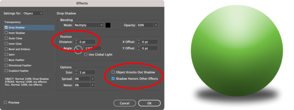 Dialog for Effects setting for cast shadow, with Position/Distance set to 0 and Shadow Honors Other Effects selected. At right is a sphere -- a circle with its own effect applied -- with the shadow applied.