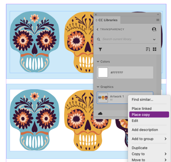 Vector art of stylized skulls placed from CC Library with image of CC Libraries panel and "Place copy" selected from menu