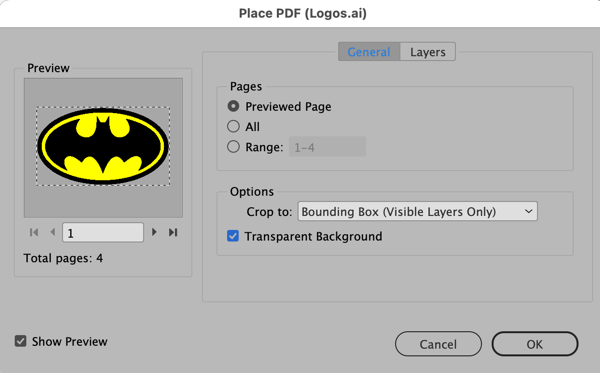 Place PDF options dialog with option "crop to bounding box" and "transparent background" both selected