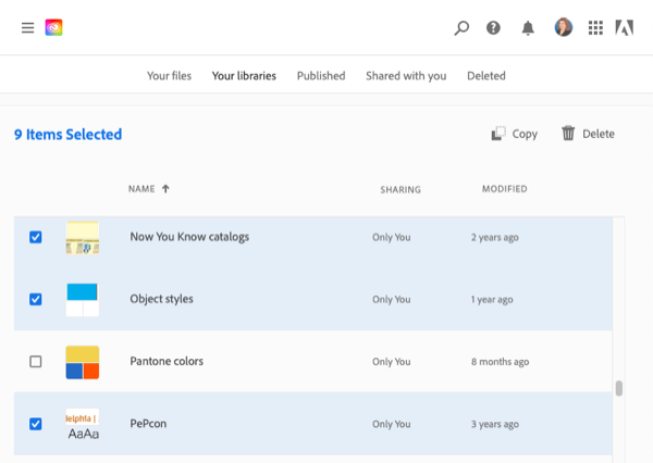 Web interface for CC Libraries, with 9 items selected