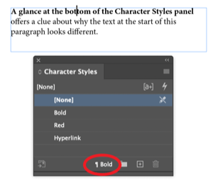 Text with bold lead-in, shown with Character Styles panel with annotation on bottom of panel window "1 bold"