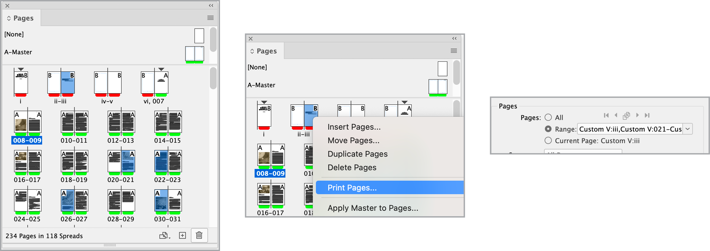 The Pages panel with "Print Pages" selected from contextual menu with multiple pages selected