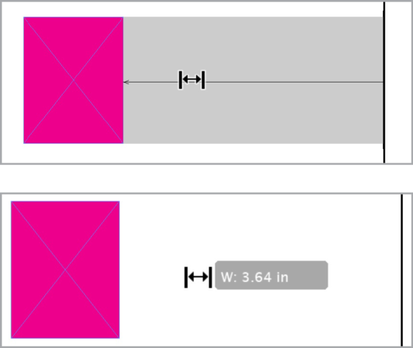 Above, the Gap tool measuring the distance between a magenta graphics frame and the right edge of a page. Below, the gap tool reflects the width as 3.64 in.