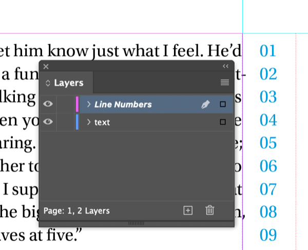 Document with line numbers in sequence from top in cyan, with Layers panel showing nonprinting layer for Line Numbers