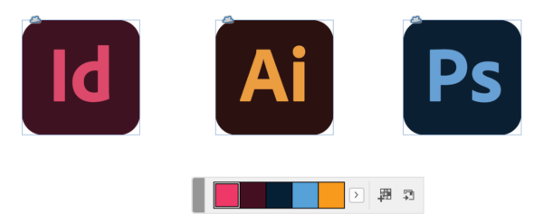 Three graphics [InDesign, Illustrator, Photoshop icons] with Color Theme tool showing range of colors in the three graphics
