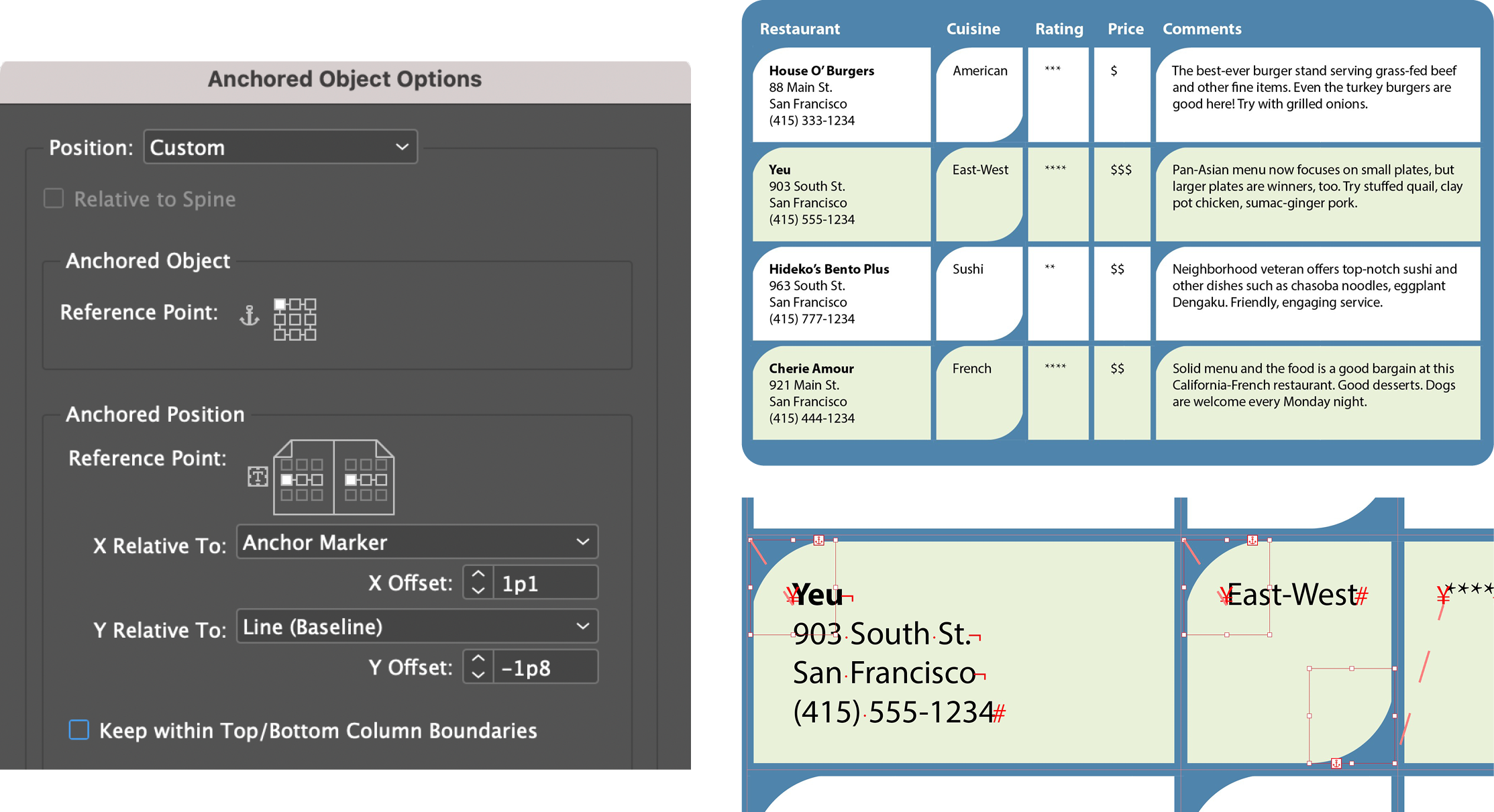 Table with graphic to add rounded corner element shown as anchored object, with Anchored Object Options dialog showing upper left reference point, X relative to anchor marker with X offset 1p1, Y relative to Line [Baseline] with Y offset -1p8