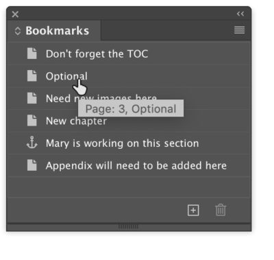 Bookmarks panel showing entries "Dont forget the toc," "Optional," "Need New Images Here," "New Chapter," "Mary is working on this section."
