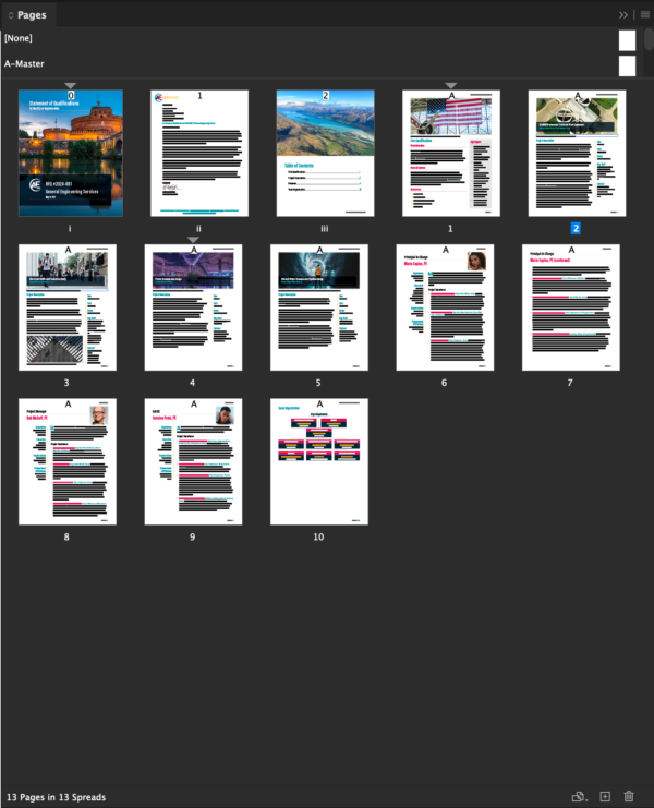 Pages panel with detailed thumbnail images of complex annual report layout