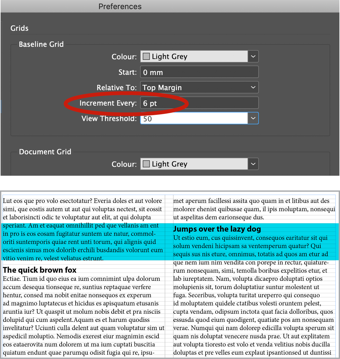 Screenshot of two-column book layout with Grids and Guides section of Preferences dialog noting increment of 6 points.