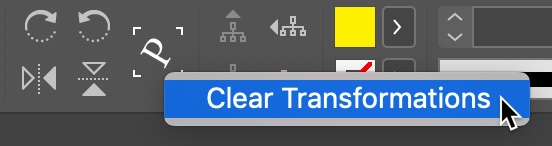 Transformation indicator in the control panel, with contextual menu "Clear Transformations" selected