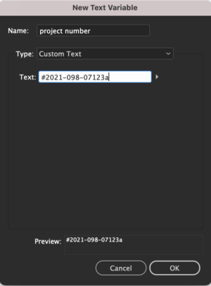 Text variable dialog with type "custom text" and value "#2021-098-07123a"