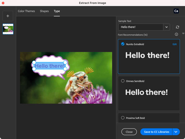 Extract from Image dialog box in Adobe InDesign showing text sampled from an image and matching fonts from Adobe Fonts