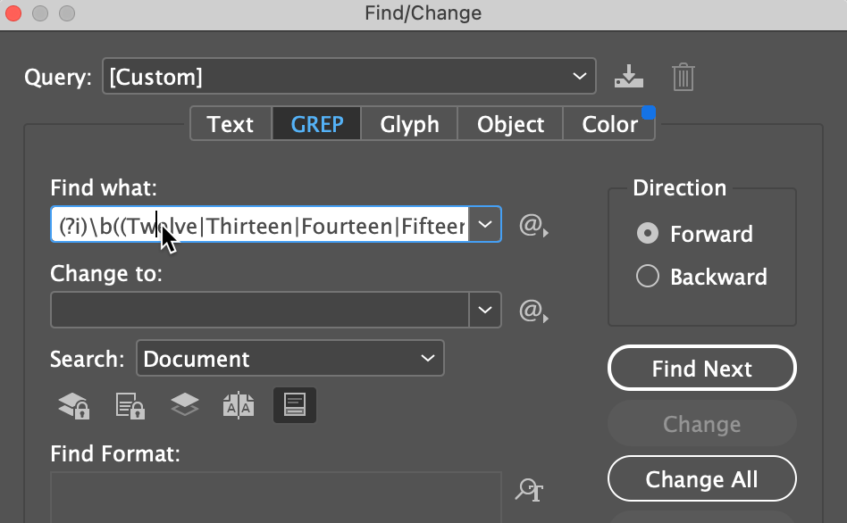 InDesign Find/Change dialog box showing a GREP expression for finding spelled out numbers