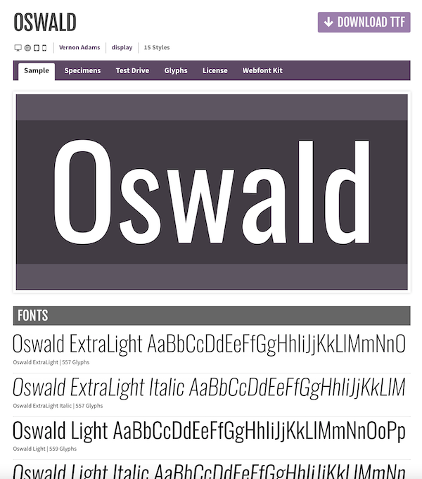 Screen shot of Font Squirrel website interface, featuring Oswald type family