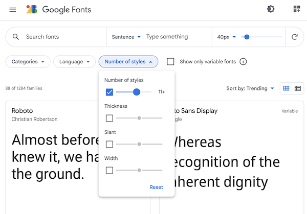 Screen shot of Google Fonts website interface, showing search options