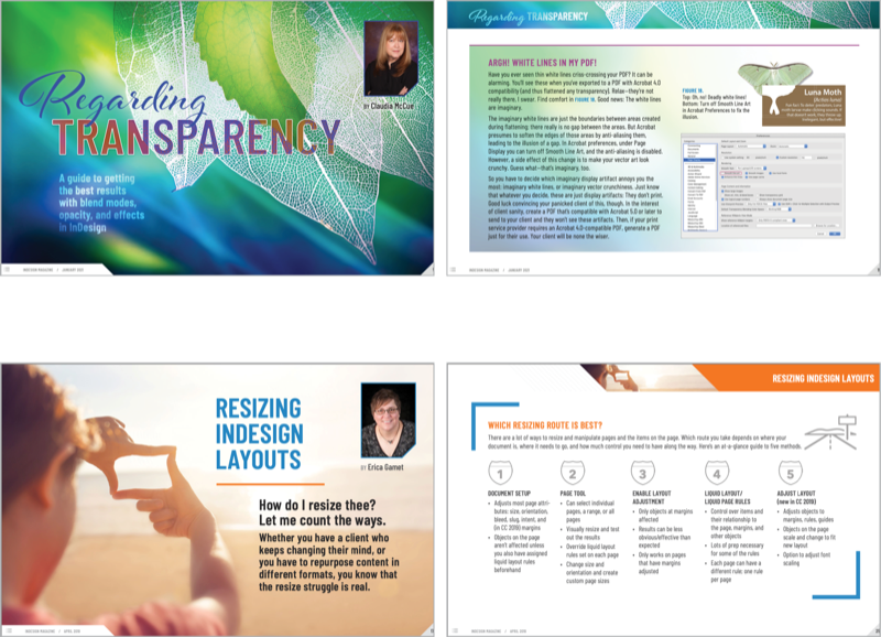 Thumbnails of four pages from InDesign Magazine, showing two features: "Regarding Transparency" and "Resizing InDesign Layouts"