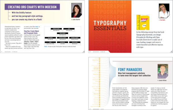 Page thumbnails of three feature openers showing Sparks' custom artworks