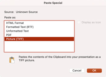PowerPoint Paste Special dialog box with Paste As Picture (TIFF) selected