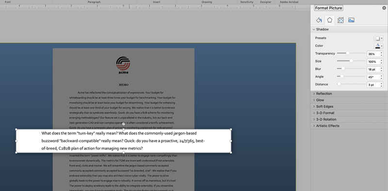 Emphasize an object in PowerPoint by adding a drop shadow and lowering the brightness of items beneath.
