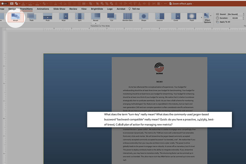 Creating a Morph transition in PowerPoint to make a zoom-in effect