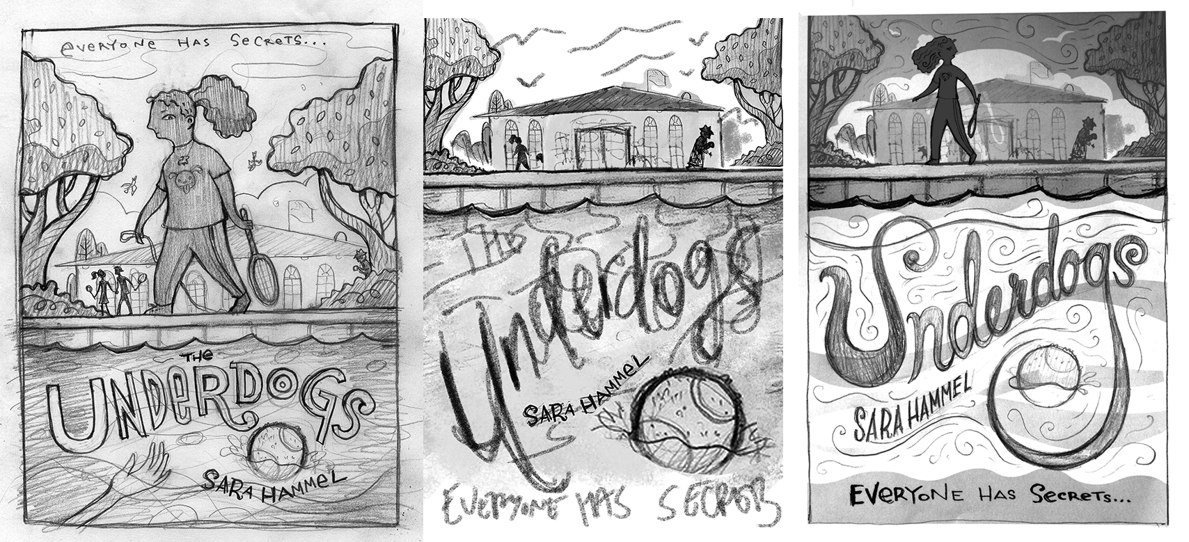 Three pencil sketches of "Underdogs" book cover
