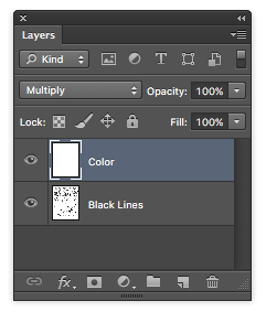 Photoshop Layers panel showing Color layer highlighted above Black Lines layer