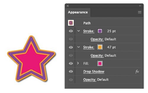 The Appearance panel showing several attributes applied to a star in Adobe Illustrator