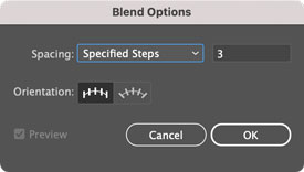 Adobe Illustrator Blend Options dialog box showing Spacing set to Specified Steps: 3