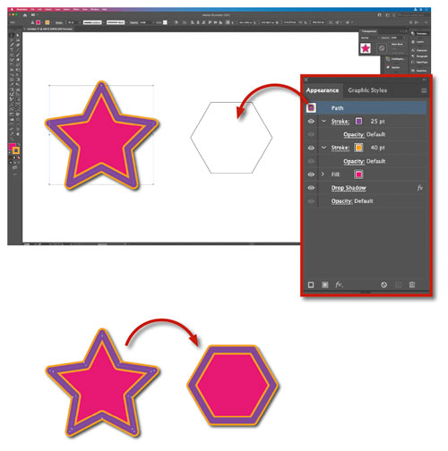 Copying appearance attributes in Adobe Illustrator by dragging the thumbnail in the Appearance panel
