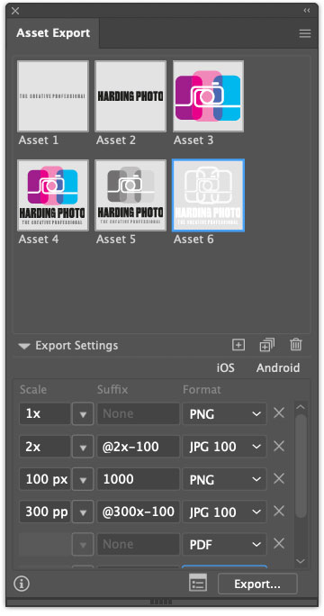 The Asset Export panel in Adobe Illustrator