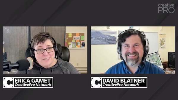 A screenshot from a video interview with Erica Gamet and David Blatner