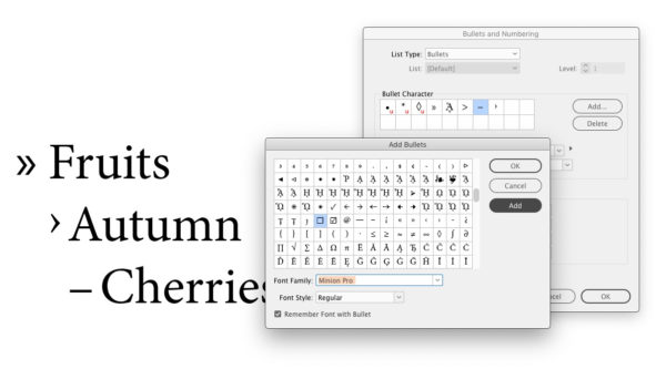 InDesign screen showing Add Bullets dialog from Bullets and Numbering dialog.