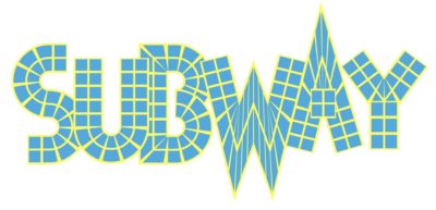 The word "SUBWAY" rendered in a blue-and-yellow mosiac design