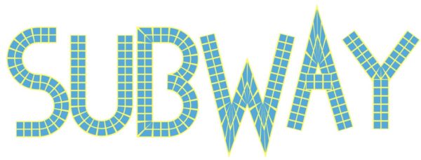 The word "SUBWAY" written with mosaic tile design showing distorted tiles on the W and the A