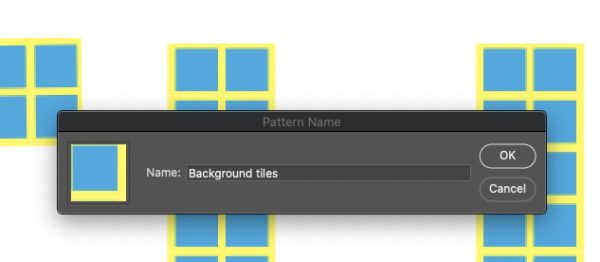 Pattern Name dialog in Photoshop with "Background tiles" defined