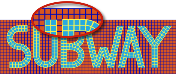 "SUBWAY" with mosaic tiles, background inverted, with highlight showing tops of U and B.