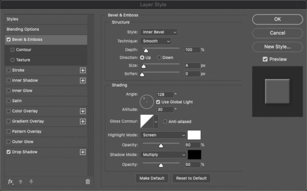Bevel and Emboss section of Layer Style dialog 