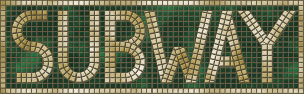 Finished SUBWAY sign with beveled tile effect and randomized colors, plus bordered with gold tiles.